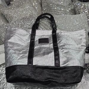 Victoria's Secret Metallic Silver and Black Duffel Bag